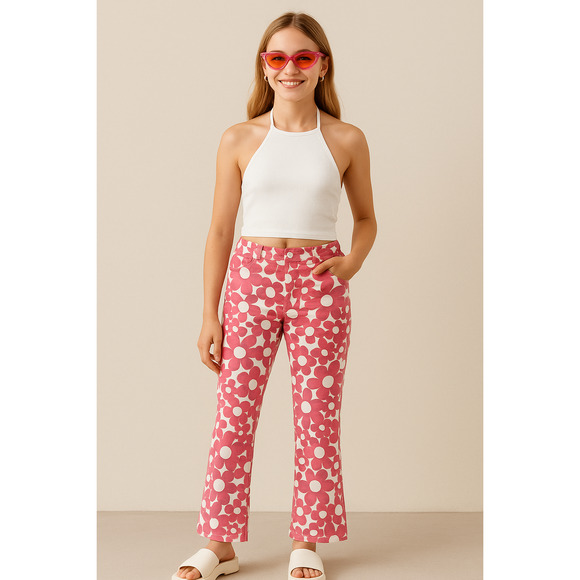 🌸 Mini Boden Vintage 2000s Y2K Pink Flower Power Flared Pants | Girls Size 14Y - Picture 1 of 9